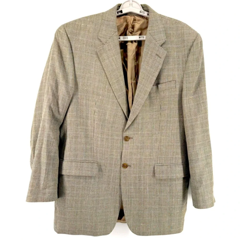 Lauren Ralph Lauren Mens 42L Silk Wool Linen Sport Coat Blazer Brown Glen Plaid